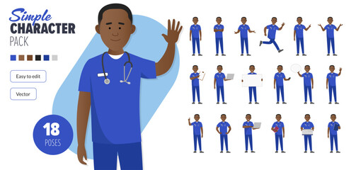 Simple flat 2d male black nurse man vector character in a set of multiple poses. Easy to edit and isolated on a white background. Modern trendy style character mega pack with lots of poses.	
