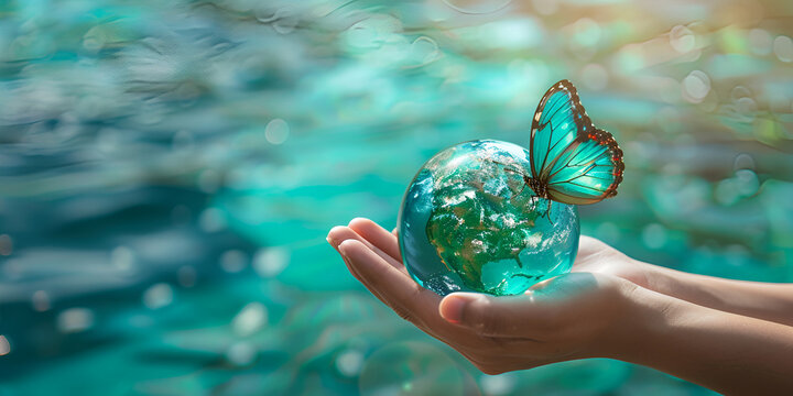 Women's hands holding green planet w/ butterfly drinking potable water from globe on turquoise blue color water background. generative ai