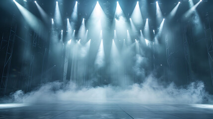 create a empty stage with lights reaching out to the audience. lots of smoke in the air