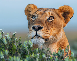 Obraz premium Eagle eye view of a lioness stalking eye-catching focus and determination