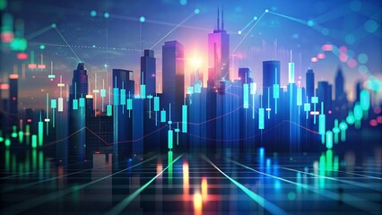 Abstract glowing big data forex candlestick chart on blurry city backdrop. Trade, technology, investment and analysis concept. Double exposure
