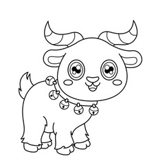 Cute goat with bells. Cute animals. Coloring book, black and white vector illustration.