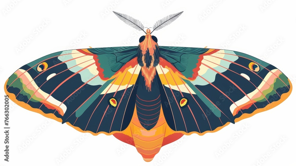 Wall mural Beautiful tropical butterfly flying. Beautiful moth with multicolored wings. Abstract fauna species. Isolated on white background with colored flat graphics.