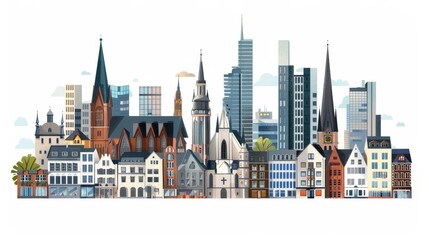 Modern and historical buildings in an urban landscape. Skyscrapers behind a church, low structures. Flat graphic modern illustration isolated on white.