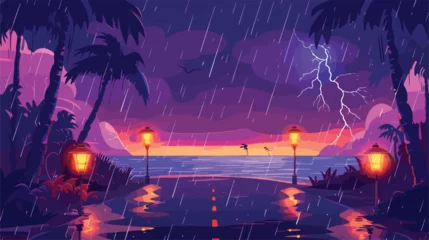 Deurstickers Night rainy landscape road turn with palm trees and l © RedFish