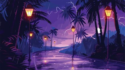 Night rainy landscape road turn with palm trees and l