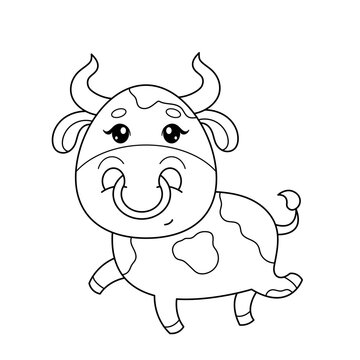 Сute bull with a nose piercing. Cute animals. Coloring book, black and white vector illustration.