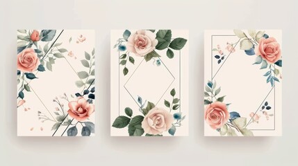 Modern decorative greeting card, invitation design background with rose, leaves, and geometrical frame. Wedding ornament concept. Modern decorative greeting card, invitation design background.