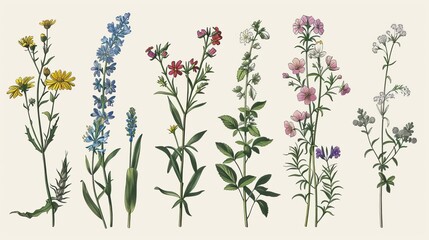 Wild Flowers and Herbs. Botany. Set. Vintage flowers. Colorful engraving style illustration.
