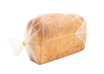Bread loaf in a plastic packet on white isolated background