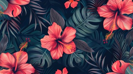 The pattern is seamless hand drawn with bright hibiscus flowers and exotic palm leaves on a dark background.