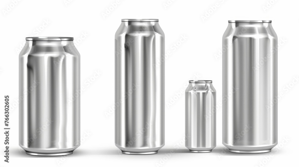 Poster isolated on white background are aluminum cans in different sizes for soda or beer. this modern mock