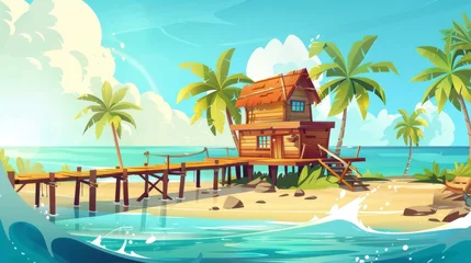 Gordijnen Modern cartoon illustration of tropical island, waves washing the sandy coast, exotic palm trees, and wooden bridge connecting a shabby bungalow hut to the shore. © Mark