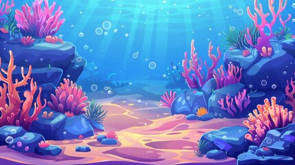 Fototapeta na wymiar Cartoon modern image of corals, stones, and algae on sand at the bottom of a sea, ocean, or aquarium. Seascape with marine life.