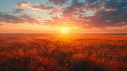Expansive savannah grasslands at dawn the first light painting the landscape golden Photo style National Geographic