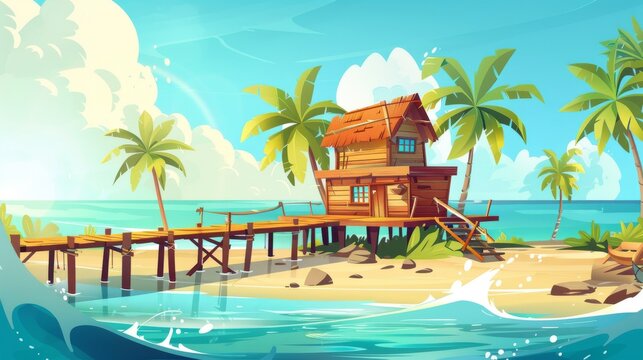 Modern cartoon illustration of tropical island, waves washing the sandy coast, exotic palm trees, and wooden bridge connecting a shabby bungalow hut to the shore.
