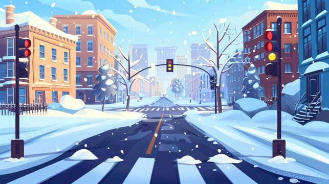 Winter city street scene with snow-covered sidewalks, traffic lights, trees and buildings. Modern town street image with pavement and walkway.