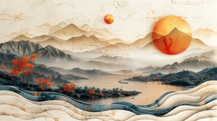A vintage Japanese background with gold geometric pattern on top. Abstract art decoration with line elements.