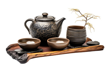 Ceramic Tea Set for Zen Gardens Isolated on Transparent Background PNG.