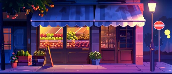 In the dark of night, a supermarket facade has lamplight shining from big glass windows and doors, a tent and a plant in a pot, vegetables and fruits in crates on the sidewalk. Illustration of a dark