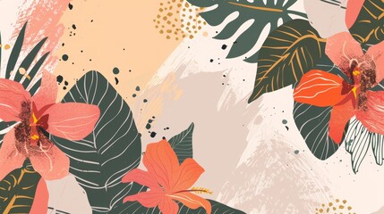 Plant with blooms and leaves, summer plant with blossoms. Natural spring postcard. Trendy-styled contemporary flat modern illustration. - obrazy, fototapety, plakaty