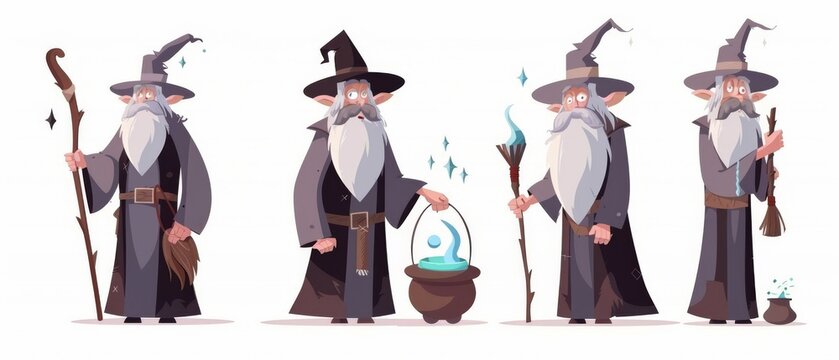 Animated cartoon of an old wizard holding a broom, a fantasy stick, and a cauldron of potion. Modern illustration of three cultures of wizard warlocks with grey long beards.