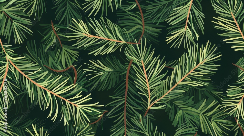 Poster an endless natural background with green branches of conifer trees, fir and cedar twigs. winter text