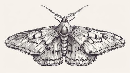 Vintage illustration of a butterfly in outline detail with an engraved libythea celtis. Moth, insect, pointed sketch in old retro handdrawn style. Drawn modern graphic illustration isolated on white.