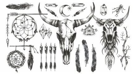 A boho style set with an ethnic bull skull, a dream catcher with feathers; arrows, crystals, branches, horns, and a moon symbol. This hand drawn modern illustration design represents hippie or - obrazy, fototapety, plakaty