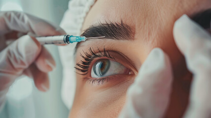 Beauty specialist injects neurotoxin or dermal filler in crows feet or upper eyelid. Close up woman's head in white cap and doctor's hands in gloves. Aesthetic face skin eye wrinkle treatment concept - obrazy, fototapety, plakaty