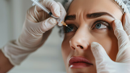Beauty specialist injects neurotoxin or dermal filler in crows feet or upper eyelid. Close up woman's head in white cap and doctor's hands in gloves. Aesthetic face skin eye wrinkle treatment concept - 766303663