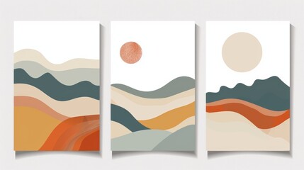Posters with abstract contemporary landscapes. Modern boho background set with sun moon mountains. Modern art print.
