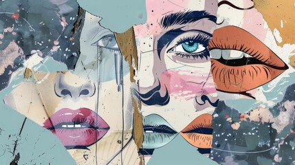 Various emotions in art collage designs. Abstract popart style with cartoon eyes and lips doodles. Modern illustrations.
