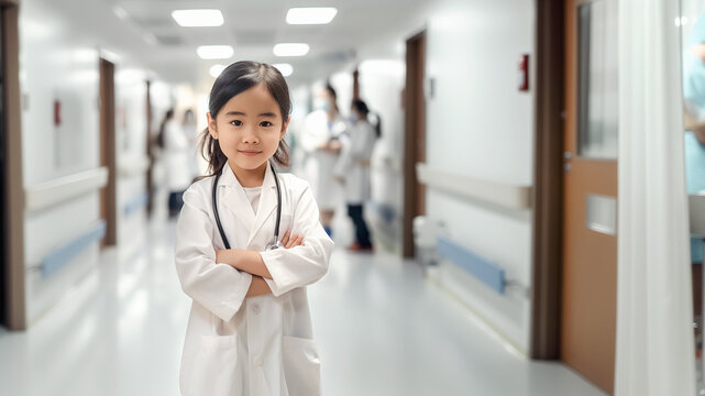 Confident Young Girl in Doctor Costume at Hospital Corridor