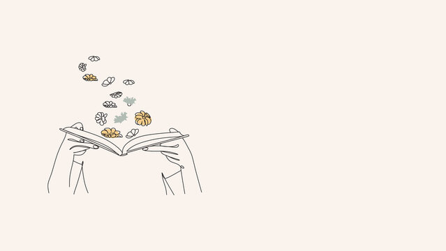 illustration of a hand opening a book with flowers coming out