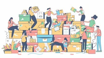 The concept of people making donations is portrayed in the form of huge fundraising boxes. Modern illustration in a flat style with a minimal appearance.