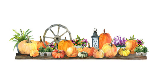 Autumn pumpkin harvest banner, Oktober decoration background, Watercolor illustration