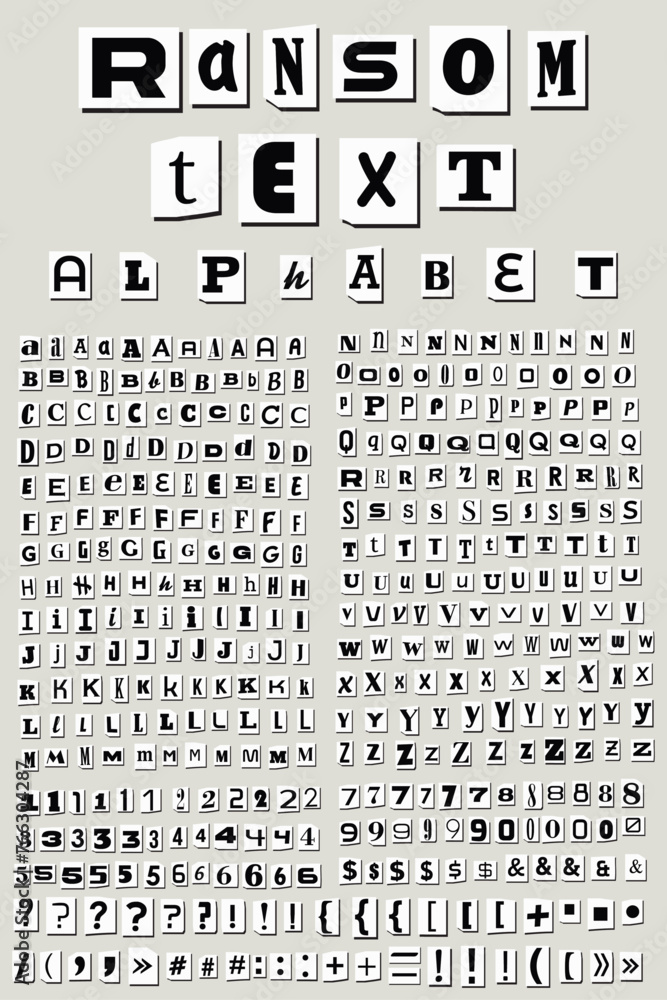 Fototapete cut out ransom letters collage alphabet paper font collection. blackmail criminal ransom kidnapper a