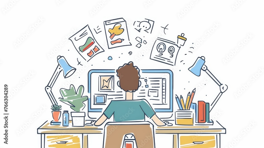 Poster graph designer working at a computer. illustrations in hand drawn style modern.
