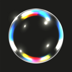 Transparent Water Bubble isolated black. Realistic soap Bubble with gradient holographic element. Glass lens. Vector illustration can used web design. - obrazy, fototapety, plakaty