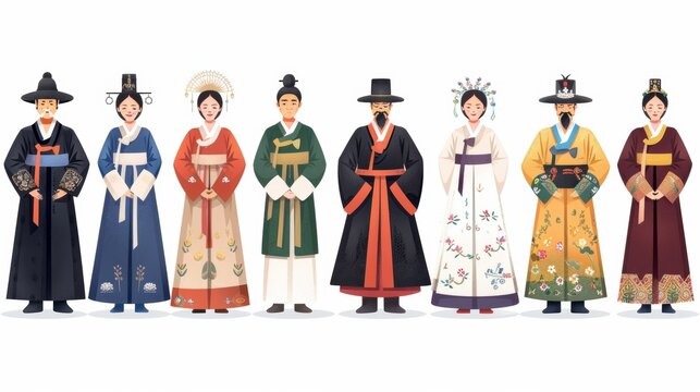 The Korean history traditional costume character. The Aristocratic man. The Palace woman. Illustrations in handdrawn style based on Korean historical illustrations from the past.