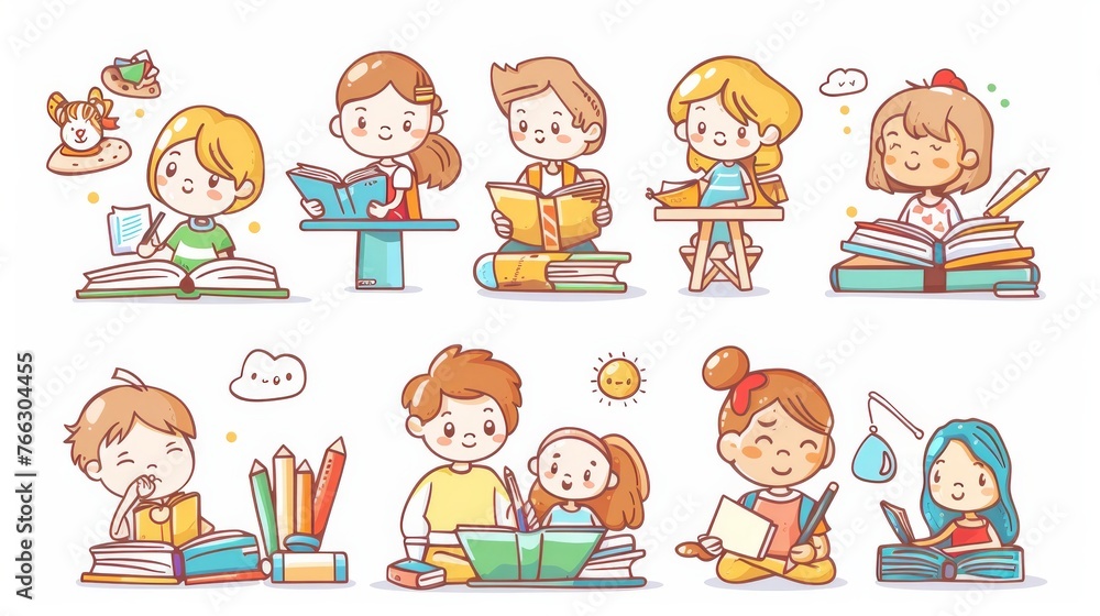 Poster an education scene with students working hard and taking tests. a cute logo style character in an ic