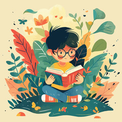 Children's Book Day, smart boy reading book illustration vector artwork
