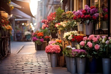Fototapeta na wymiar Row of potted flowers outside flower shop on cobblestone street