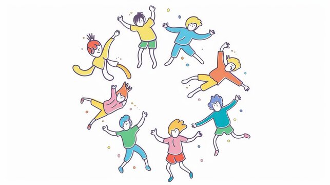 Animated modern illustration of a person in a circle frame cheering and fighting with their friends. Simple and cute outline style illustrations in an outline style.