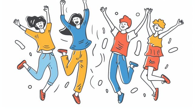 This modern illustration shows a group of people jumping with joy and excitement. It's a flat design style minimal illustration.