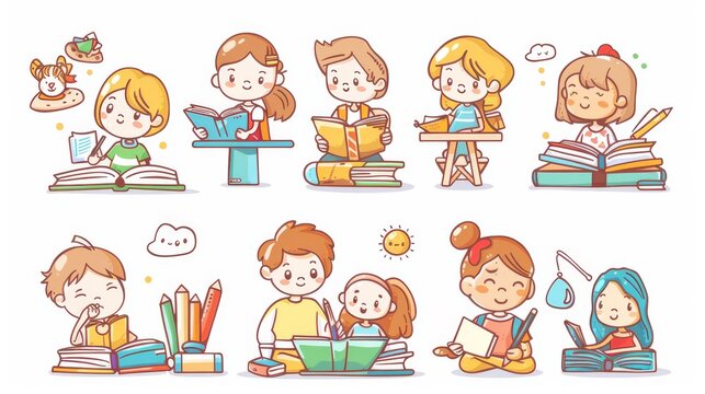 An education scene with students working hard and taking tests. A cute logo style character in an icon style. A mega set.