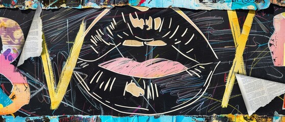 A collage poster. Cartoony blackboard doodles. Spitballs with blah blah text. Beautiful lips cut out of paper. Modern illustration. Modern vintage pop art.