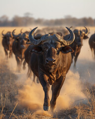 Herd of buffalo kicking up dust as they approach a waterhole a powerful display of their presence Photo style National Geographic - obrazy, fototapety, plakaty
