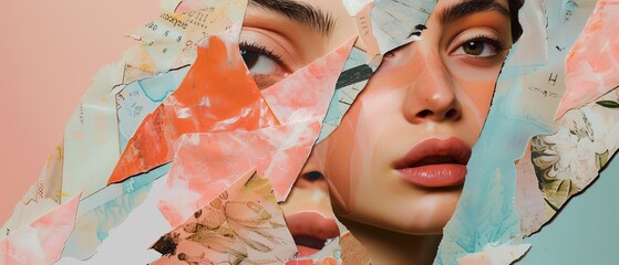 It is a flyer that features a young woman's portrait made of different pieces of faces, combining modern art with beauty. It features a new vision of beauty and fashion, make-up, hairstyle, modern